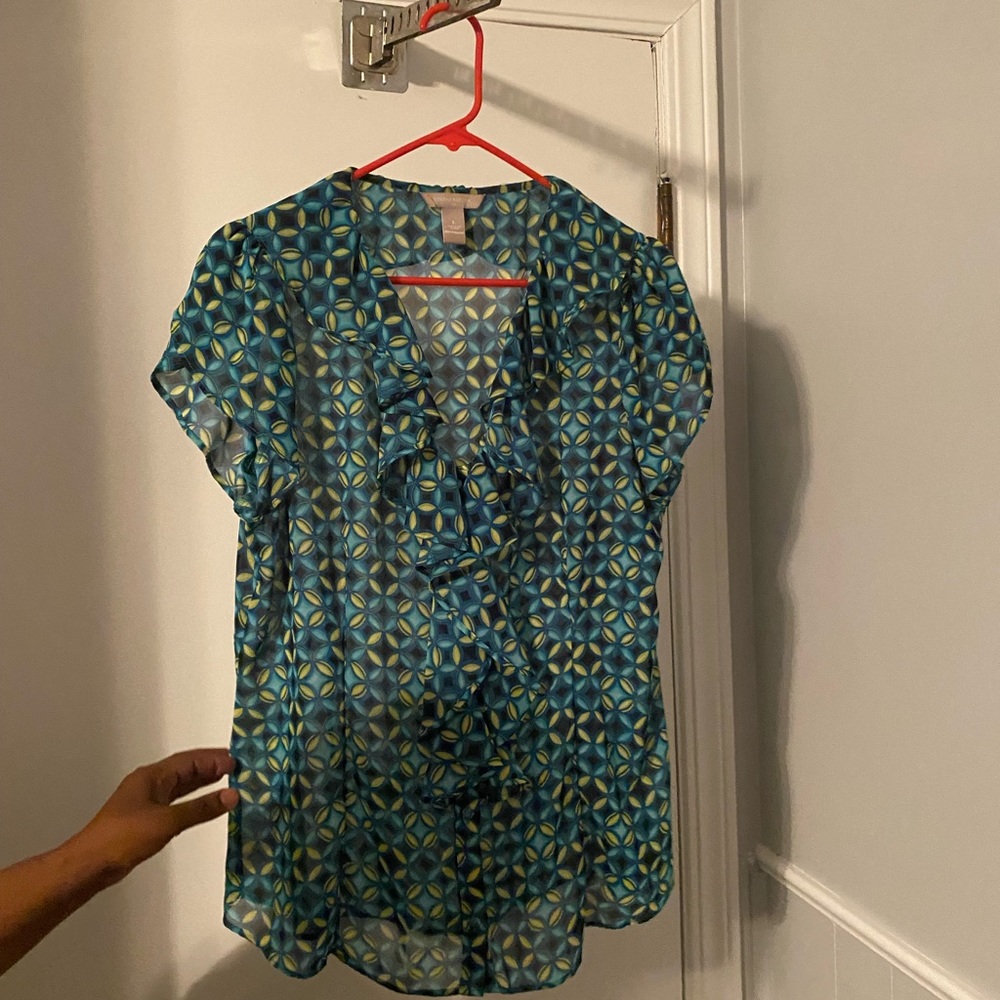 Banana Republic sheer short sleeve blouse-Size Lrg. -green & yellow w/ ruffles